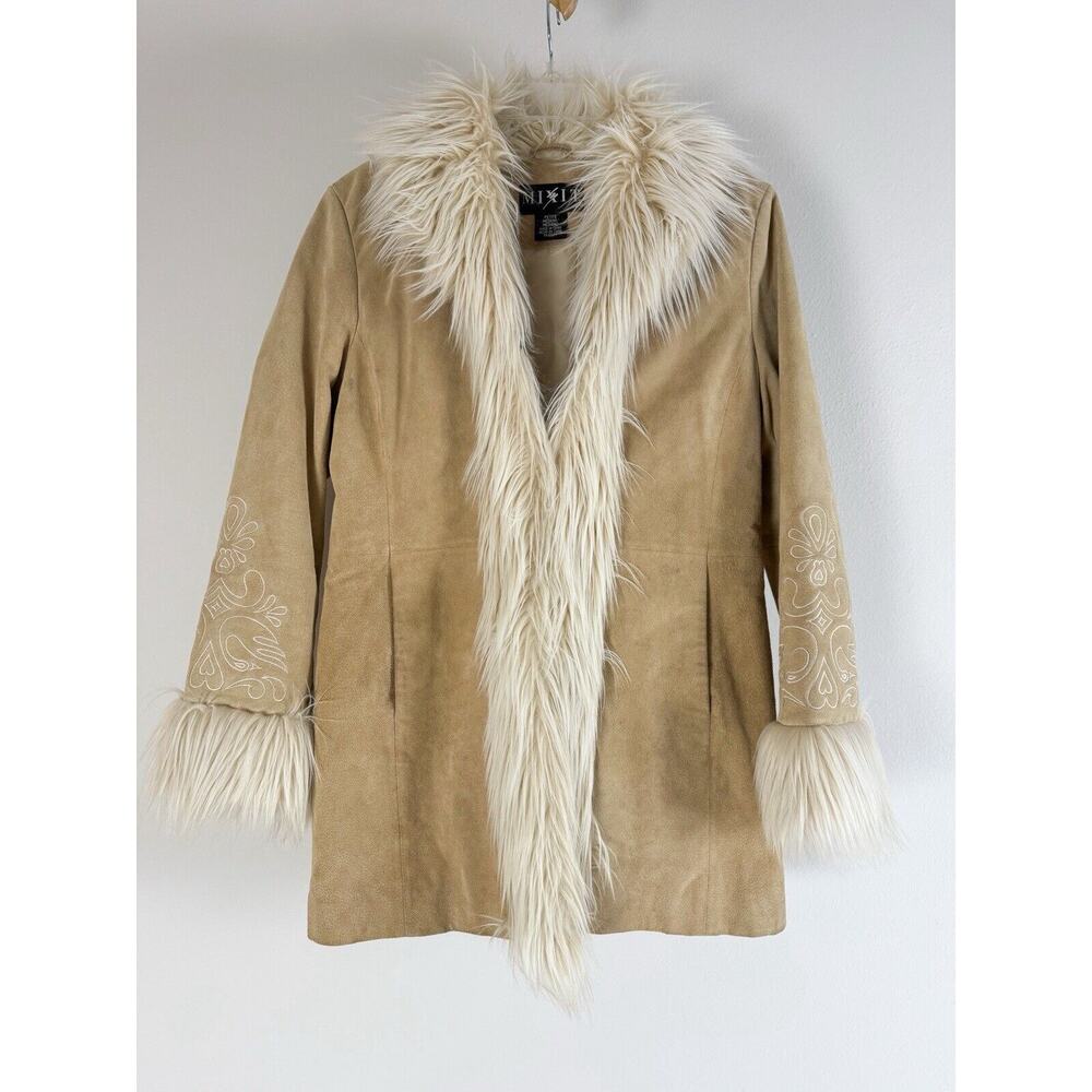 Vintage MIXIT Y2K Tan Suede Fur Coat Jacket Penny Lane Embroidered PM